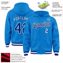 Charger l'image dans la galerie, Custom Powder Blue Royal-White Bomber Full-Snap Varsity Letterman Hoodie Jacket