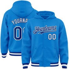 Charger l'image dans la galerie, Custom Powder Blue Royal-White Bomber Full-Snap Varsity Letterman Hoodie Jacket