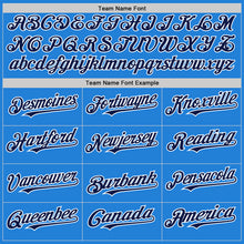 Load image into Gallery viewer, Custom Powder Blue Navy-White Bomber Full-Snap Varsity Letterman Hoodie Jacket