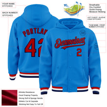 Load image into Gallery viewer, Custom Powder Blue Red-Navy Bomber Full-Snap Varsity Letterman Hoodie Jacket
