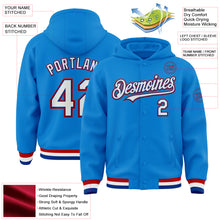 Laden Sie das Bild in den Galerie-Viewer, Custom Powder Blue Royal-Red Bomber Full-Snap Varsity Letterman Hoodie Jacket