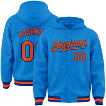 Load image into Gallery viewer, Custom Powder Blue Orange-Royal Bomber Full-Snap Varsity Letterman Hoodie Jacket