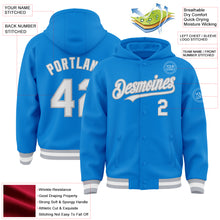 Charger l'image dans la galerie, Custom Powder Blue White-Gray Bomber Full-Snap Varsity Letterman Hoodie Jacket