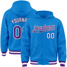 Laden Sie das Bild in den Galerie-Viewer, Custom Powder Blue Purple-White Bomber Full-Snap Varsity Letterman Hoodie Jacket