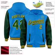 Laden Sie das Bild in den Galerie-Viewer, Custom Powder Blue Green-Gold Bomber Full-Snap Varsity Letterman Two Tone Hoodie Jacket