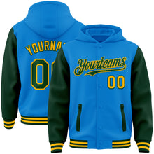 Laden Sie das Bild in den Galerie-Viewer, Custom Powder Blue Green-Gold Bomber Full-Snap Varsity Letterman Two Tone Hoodie Jacket