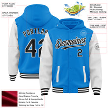 Laden Sie das Bild in den Galerie-Viewer, Custom Powder Blue Black-White Bomber Full-Snap Varsity Letterman Two Tone Hoodie Jacket