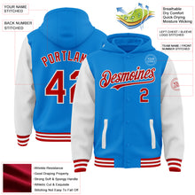 Load image into Gallery viewer, Custom Powder Blue Red-White Bomber Full-Snap Varsity Letterman Two Tone Hoodie Jacket