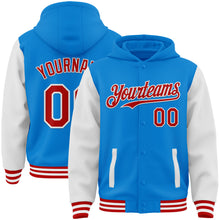 Load image into Gallery viewer, Custom Powder Blue Red-White Bomber Full-Snap Varsity Letterman Two Tone Hoodie Jacket