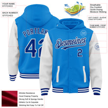 Charger l'image dans la galerie, Custom Powder Blue Royal-White Bomber Full-Snap Varsity Letterman Two Tone Hoodie Jacket