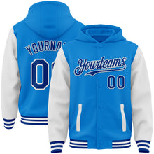 Charger l'image dans la galerie, Custom Powder Blue Royal-White Bomber Full-Snap Varsity Letterman Two Tone Hoodie Jacket