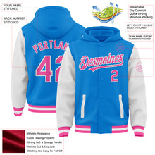 Load image into Gallery viewer, Custom Powder Blue Pink-White Bomber Full-Snap Varsity Letterman Two Tone Hoodie Jacket