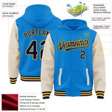Load image into Gallery viewer, Custom Powder Blue Navy Cream-Gold Bomber Full-Snap Varsity Letterman Two Tone Hoodie Jacket