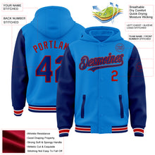 Charger l'image dans la galerie, Custom Powder Blue Royal-Red Bomber Full-Snap Varsity Letterman Two Tone Hoodie Jacket