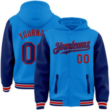 Charger l'image dans la galerie, Custom Powder Blue Royal-Red Bomber Full-Snap Varsity Letterman Two Tone Hoodie Jacket