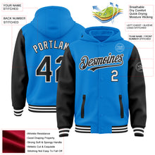 Load image into Gallery viewer, Custom Powder Blue Black-White Bomber Full-Snap Varsity Letterman Two Tone Hoodie Jacket
