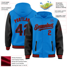 Charger l'image dans la galerie, Custom Powder Blue Black-Red Bomber Full-Snap Varsity Letterman Two Tone Hoodie Jacket