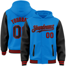 Charger l'image dans la galerie, Custom Powder Blue Black-Red Bomber Full-Snap Varsity Letterman Two Tone Hoodie Jacket