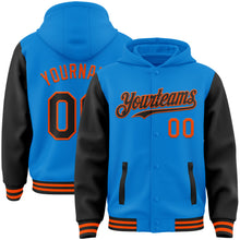 Load image into Gallery viewer, Custom Powder Blue Black-Orange Bomber Full-Snap Varsity Letterman Two Tone Hoodie Jacket
