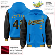 Load image into Gallery viewer, Custom Powder Blue Black-Old Gold Bomber Full-Snap Varsity Letterman Two Tone Hoodie Jacket
