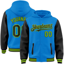 Load image into Gallery viewer, Custom Powder Blue Black-Neon Green Bomber Full-Snap Varsity Letterman Two Tone Hoodie Jacket