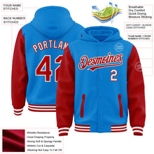 Charger l'image dans la galerie, Custom Powder Blue Red-White Bomber Full-Snap Varsity Letterman Two Tone Hoodie Jacket