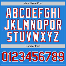 Charger l'image dans la galerie, Custom Powder Blue Red-White Bomber Full-Snap Varsity Letterman Two Tone Hoodie Jacket