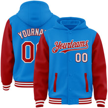 Charger l'image dans la galerie, Custom Powder Blue Red-White Bomber Full-Snap Varsity Letterman Two Tone Hoodie Jacket