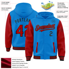 Charger l'image dans la galerie, Custom Powder Blue Red-Black Bomber Full-Snap Varsity Letterman Two Tone Hoodie Jacket