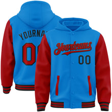 Charger l'image dans la galerie, Custom Powder Blue Red-Black Bomber Full-Snap Varsity Letterman Two Tone Hoodie Jacket