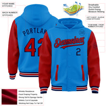 Charger l'image dans la galerie, Custom Powder Blue Red-Navy Bomber Full-Snap Varsity Letterman Two Tone Hoodie Jacket