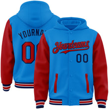 Charger l'image dans la galerie, Custom Powder Blue Red-Navy Bomber Full-Snap Varsity Letterman Two Tone Hoodie Jacket