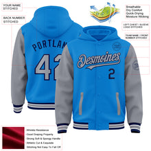Charger l'image dans la galerie, Custom Powder Blue Gray-Navy Bomber Full-Snap Varsity Letterman Two Tone Hoodie Jacket