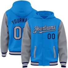 Charger l'image dans la galerie, Custom Powder Blue Gray-Navy Bomber Full-Snap Varsity Letterman Two Tone Hoodie Jacket