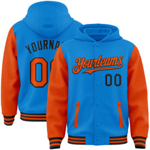 Load image into Gallery viewer, Custom Powder Blue Orange-Black Bomber Full-Snap Varsity Letterman Two Tone Hoodie Jacket
