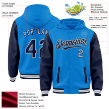 Load image into Gallery viewer, Custom Powder Blue Navy-Gray Bomber Full-Snap Varsity Letterman Two Tone Hoodie Jacket