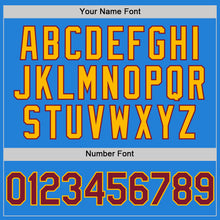 Laden Sie das Bild in den Galerie-Viewer, Custom Powder Blue Crimson-Gold Bomber Full-Snap Varsity Letterman Two Tone Hoodie Jacket