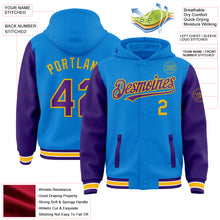 Laden Sie das Bild in den Galerie-Viewer, Custom Powder Blue Purple-Gold Bomber Full-Snap Varsity Letterman Two Tone Hoodie Jacket