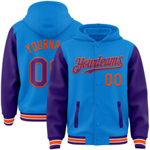 Load image into Gallery viewer, Custom Powder Blue Purple-Orange Bomber Full-Snap Varsity Letterman Two Tone Hoodie Jacket