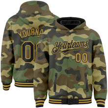 Charger l'image dans la galerie, Custom Camo Black-Old Gold Bomber Full-Snap Varsity Letterman Salute To Service Hoodie Jacket