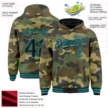 Load image into Gallery viewer, Custom Camo Black-Teal Bomber Full-Snap Varsity Letterman Salute To Service Hoodie Jacket