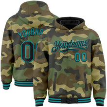 Load image into Gallery viewer, Custom Camo Black-Teal Bomber Full-Snap Varsity Letterman Salute To Service Hoodie Jacket