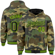 Charger l'image dans la galerie, Custom Camo Black-Neon Green Bomber Full-Snap Varsity Letterman Salute To Service Hoodie Jacket