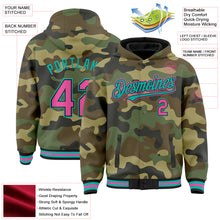 Загрузить изображение в средство просмотра галереи, Custom Camo Pink Black-Aqua Bomber Full-Snap Varsity Letterman Salute To Service Hoodie Jacket