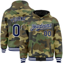 Laden Sie das Bild in den Galerie-Viewer, Custom Camo Navy-White Bomber Full-Snap Varsity Letterman Salute To Service Hoodie Jacket