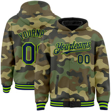 Charger l'image dans la galerie, Custom Camo Navy-Neon Green Bomber Full-Snap Varsity Letterman Salute To Service Hoodie Jacket