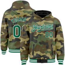 Laden Sie das Bild in den Galerie-Viewer, Custom Camo Kelly Green-White Bomber Full-Snap Varsity Letterman Salute To Service Hoodie Jacket