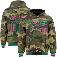 Laden Sie das Bild in den Galerie-Viewer, Custom Camo Kelly Green-Pink Bomber Full-Snap Varsity Letterman Salute To Service Hoodie Jacket