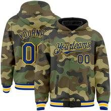 Load image into Gallery viewer, Custom Camo Royal-Yellow Bomber Full-Snap Varsity Letterman Salute To Service Hoodie Jacket