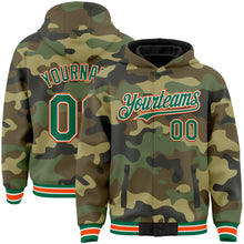 Laden Sie das Bild in den Galerie-Viewer, Custom Camo Kelly Green-Orange Bomber Full-Snap Varsity Letterman Salute To Service Hoodie Jacket